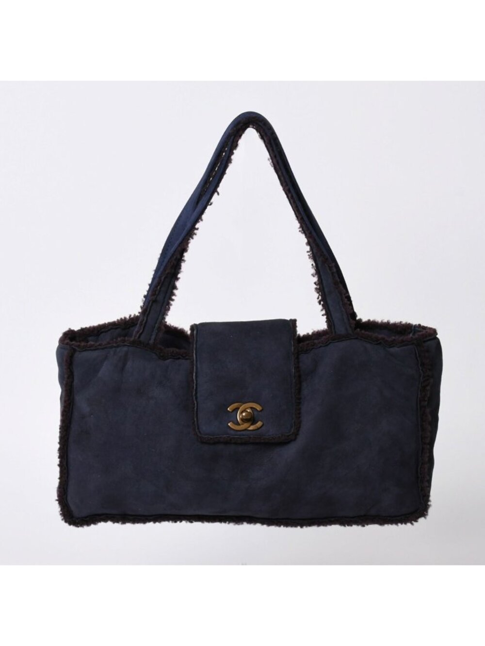 Chanel Shearling Bag CC Logo Nubuck Antique Gold
